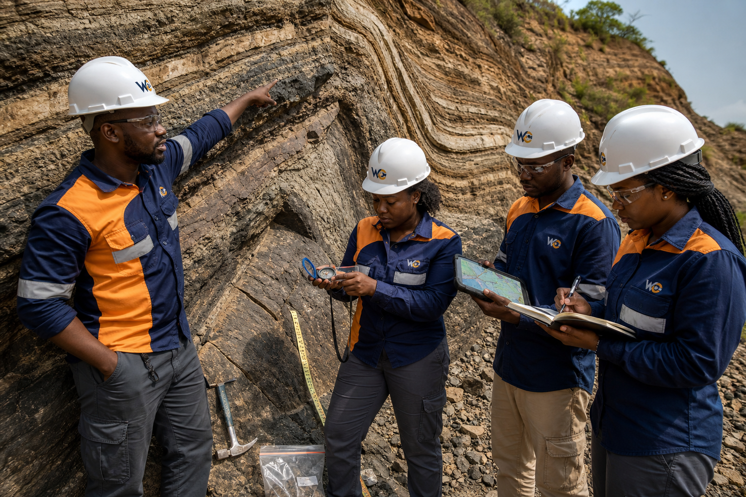 WestCore geoscientists logging a folded outcrop section during basin evaluation